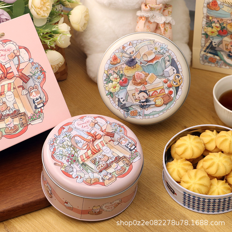 Factory small size round tinplate box cookie food box rabbit bear baking dessert box round jar