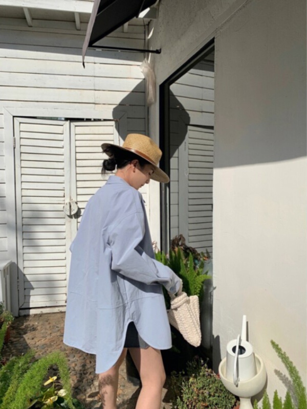 蓝色oversize衬衫外套女2025新款夏季宽松慵懒风外搭开衫防晒衬衣|undefined