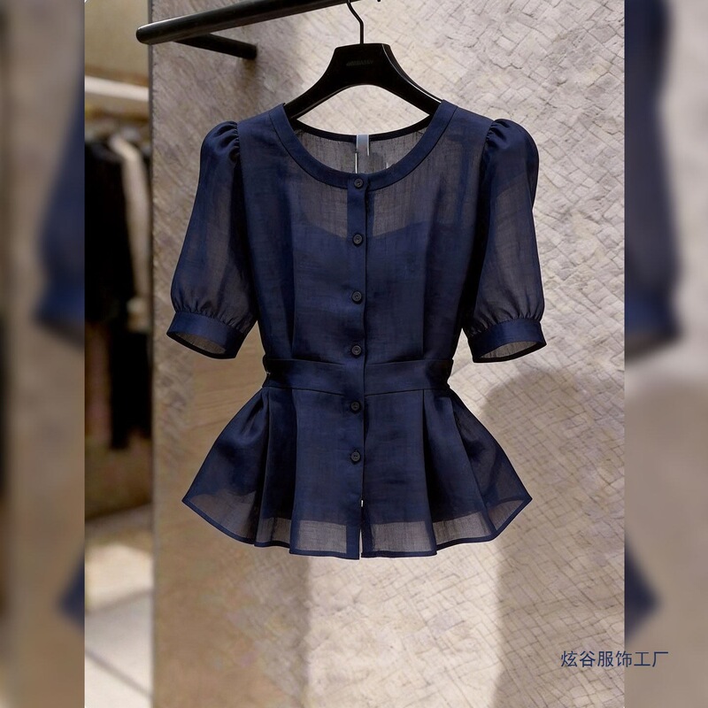 Elegant and Fashionable French-Style Puff Sleeve Top for Women in Dark Blue, High-Waisted, Versatile, Stylish, Simple, Summer Elegant and Fashionable French-Style Puff Sleeve Top for Women in Dark Blue, High-Waisted, Versatile, Stylish, Simple, Summer