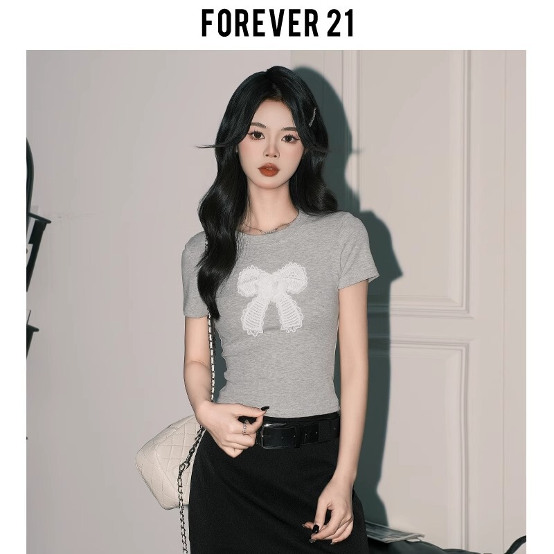 Forever21 Korean Chic Bow Print T-Shirt Women's Spring and Summer Simple Casual Gray Right Shoulder Short-Sleeved Top