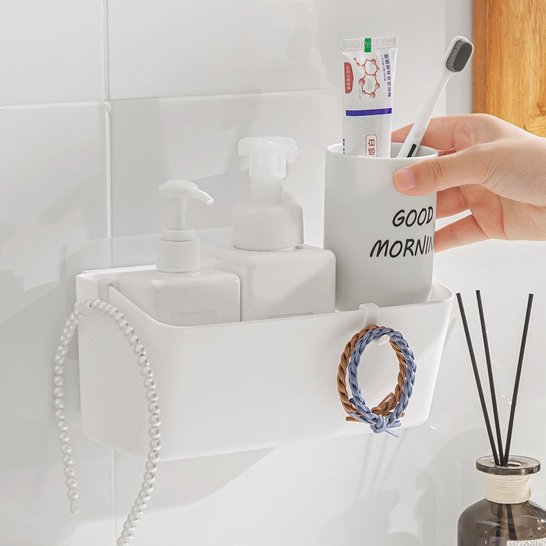 Estante de almacenamiento para baño, estante de pared sin taladro para cosméticos y artículos de aseo, estante de almacenamiento con drenaje para lavabo.