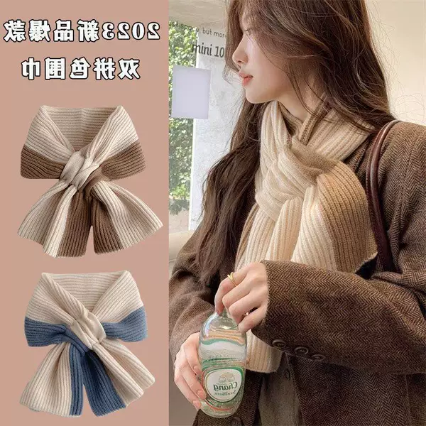 New Autumn and Winter Warm and Cold Woolen Girl Cross Versatile Knitted Scarf Cute Color Matching Fashion Scarf for Women