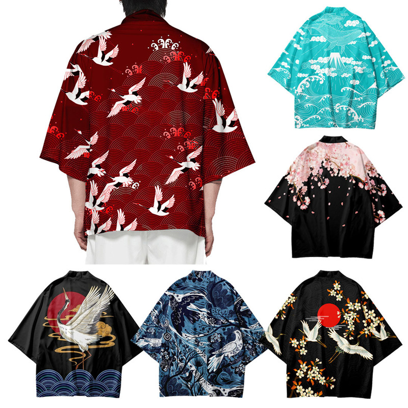 2026 Summer New Style National Trend Element Crane 3D Print Three-Quarter Sleeve Shirt Robe Cardigan Loose Men's Feather Cloak 2026 Summer New Style National Trend Element Crane 3D Print Three-Quarter Sleeve Shirt Robe Cardigan Loose Men's Feather Cloak