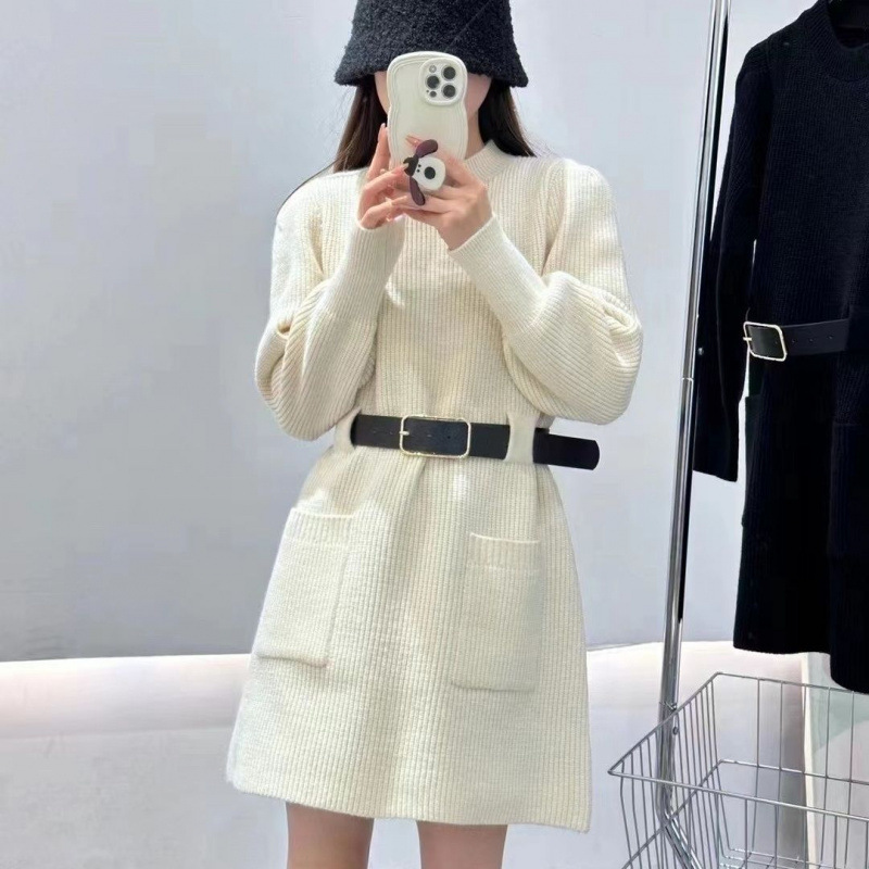 法式温柔富家千金风针织连衣裙女秋冬季配大衣中长款打底毛衣裙子|undefined