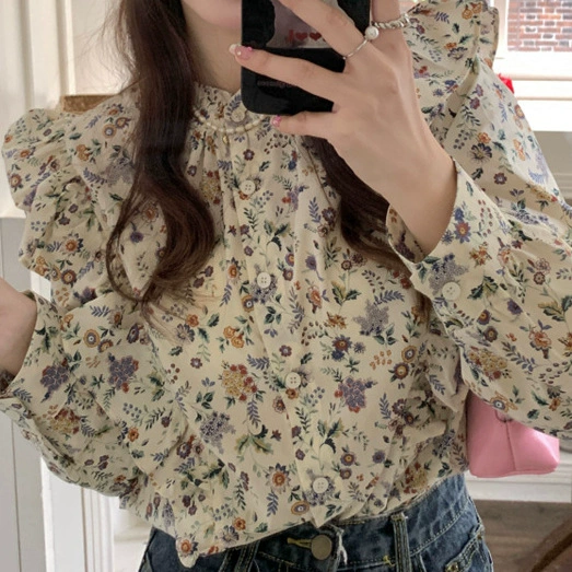 Дизайн чувство ниша сломанный цветок рубашка с длинными рукавами новая французская сладкая женская рубашка свободные топы другие