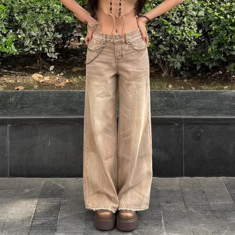SMFK野性起源阔腿牛仔裤休闲脏脏裤做旧磨破直筒复古长裤新款女裤|undefined