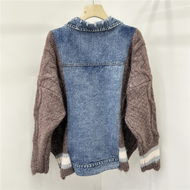 Estación europea de ropa de mujer otoño y invierno 2024 nueva moda europea suéter de empalme de vaqueros suelto falso de dos piezas image 3