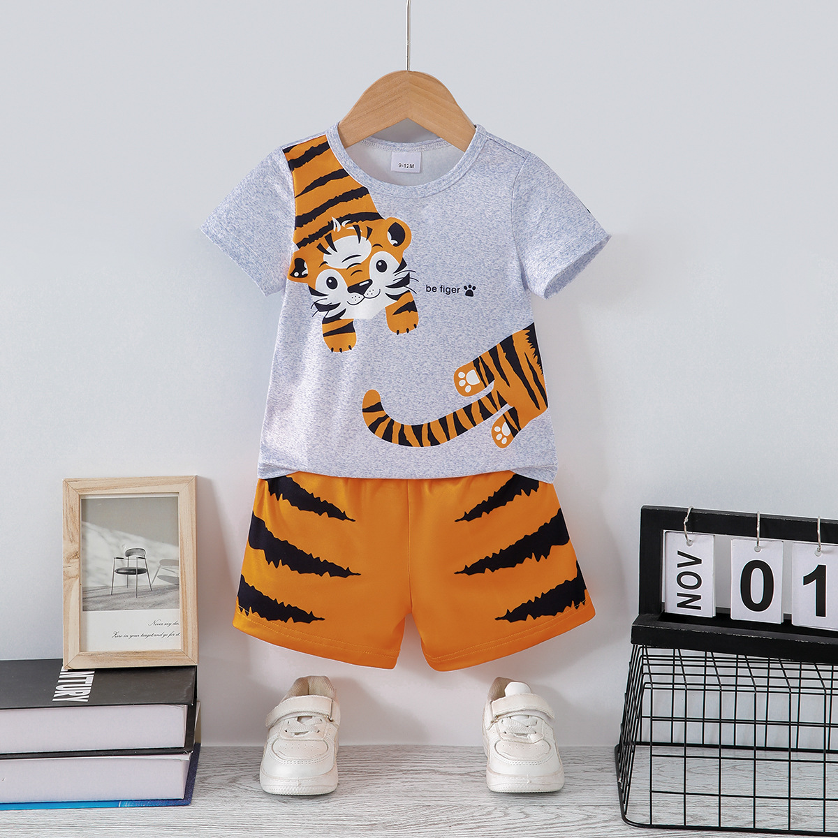 Children's Short-Sleeved Suit Boy's T-Shirt Baby Summer Kidsren's Clothing Tiger Print Shorts Baby Clothes Summer