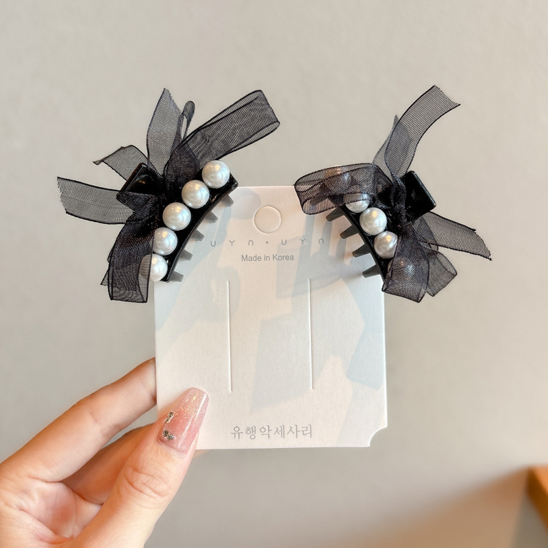 검정 망사 진주 나비 매듭 집게핀 1쌍