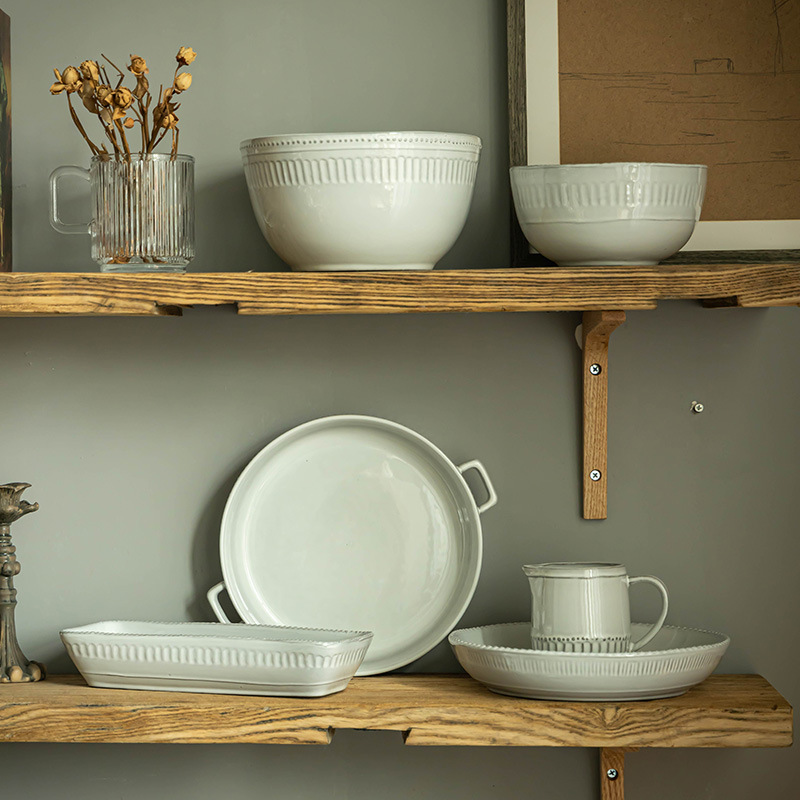 Serie Molla Vajilla de estilo japonés Vajilla de cerámica para el hogar Taza de leche Tazón de leche Plato de sopa Plato de pescado Plato cuadrado Plato de oreja doble al por mayor