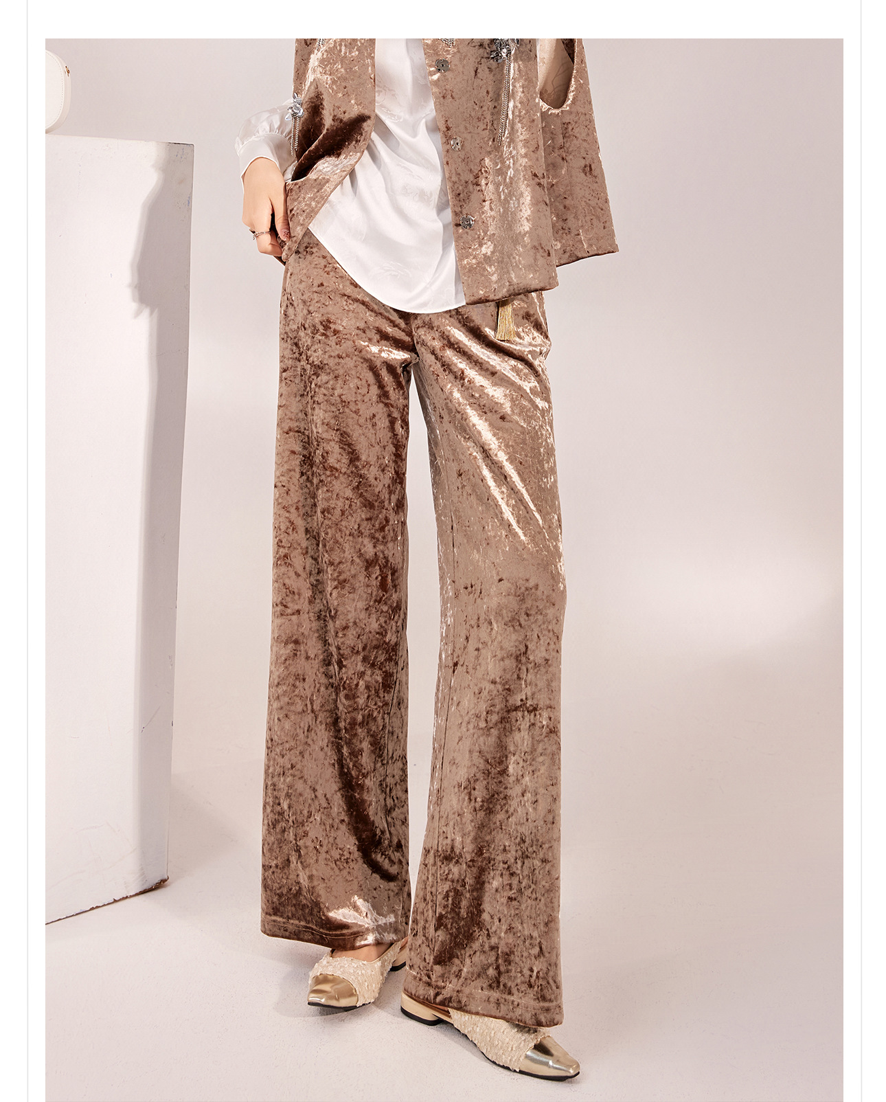 Quần ống rộng nhung lụa kiểu Trung Quốc mới, jacquard màu trơn, phong cách văn nghệ — Màu đen, Màu vàng, Màu hồng, Màu mơ chi tiết 14