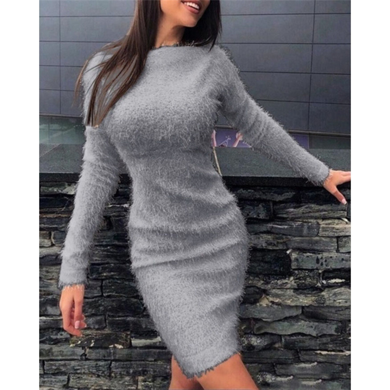 2023 autumn and winter new cross-border Amazon wish Express European and American women's plush tucked waist long-sleeved dress