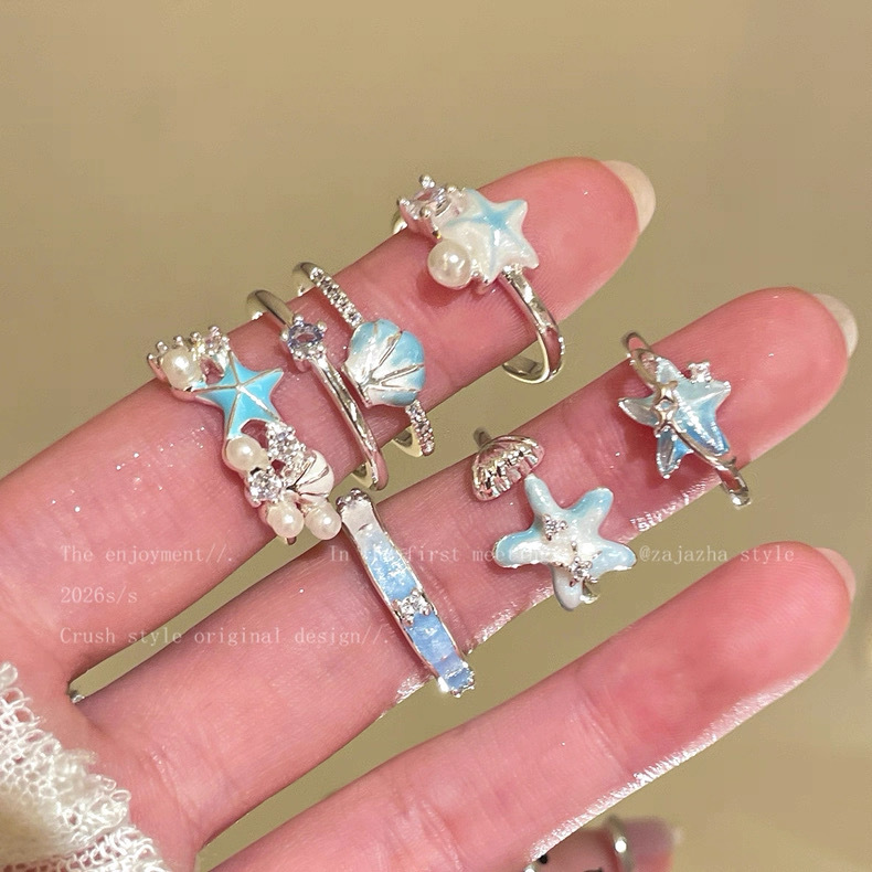 Sea Salt Shellfish~Blue Starfish Shell Open Ring for Women, Seaside Vacation Style, Stackable, Niche Design, Index Finger Ring
