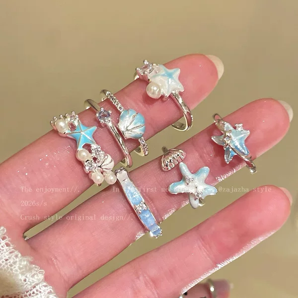 Sea Salt Shellfish~Blue Starfish Shell Open Ring for Women, Seaside Vacation Style, Stackable, Niche Design, Index Finger Ring