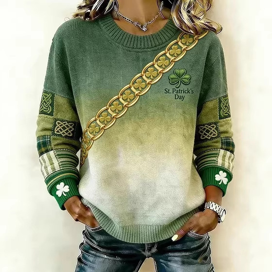 2026 New Cross-Border Independent Site 3D Digital Print St. Patrick's Day Clover Women's Faux Sweater Round Neck Sweatshirt