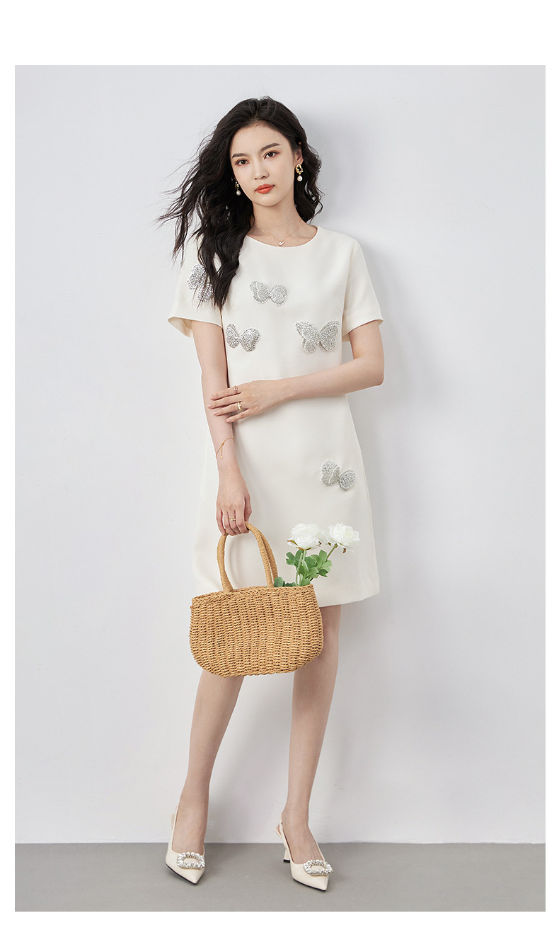 Đầm suông nữ midi tay ngắn cổ tròn, họa tiết hoa nổi sequin lấp lánh, phom suông che khuyết điểm — Màu đen chi tiết 14