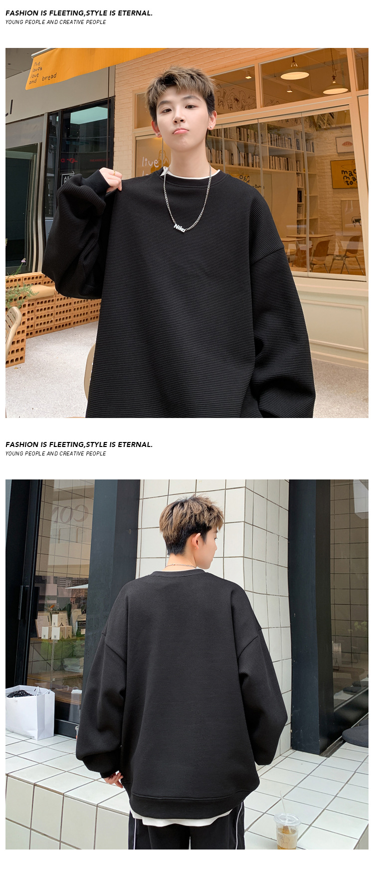Men's Two-piece Spliced Blue Pullover Hoodie Loose Fit Pullover_voghion.com