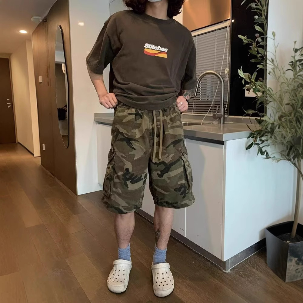 American-Style Trendy Retro Large-Pocket Workwear Camouflage Shorts for Men, Loose Fit, Versatile Straight-Leg Five-Point Shorts with Multiple Pockets