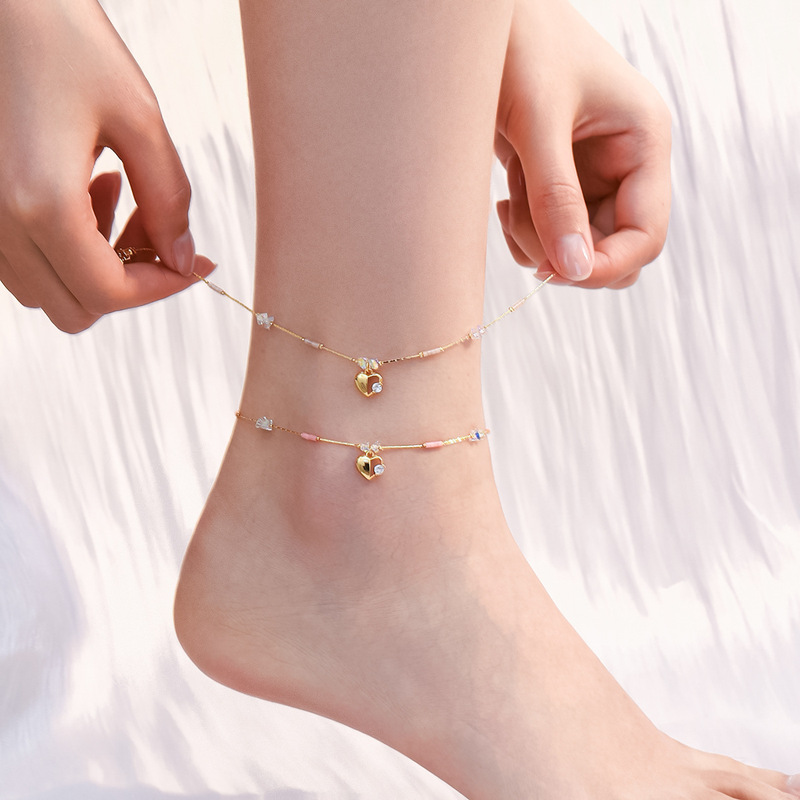 European and American New Style Light Luxury High-End Crystal Anklet with Copper Plated 14K Gold Heart Pendant Bracelet and Colorful Seed Bead Jewelry European and American New Style Light Luxury High-End Crystal Anklet with Copper Plated 14K Gold Heart Pendant Bracelet and Colorful Seed Bead Jewelry
