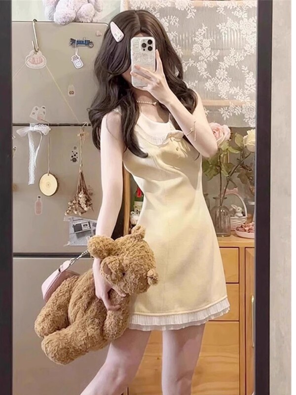 法式气质小香风娃娃领无袖连衣裙女夏季收腰显瘦富家千金黄色短裙|undefined