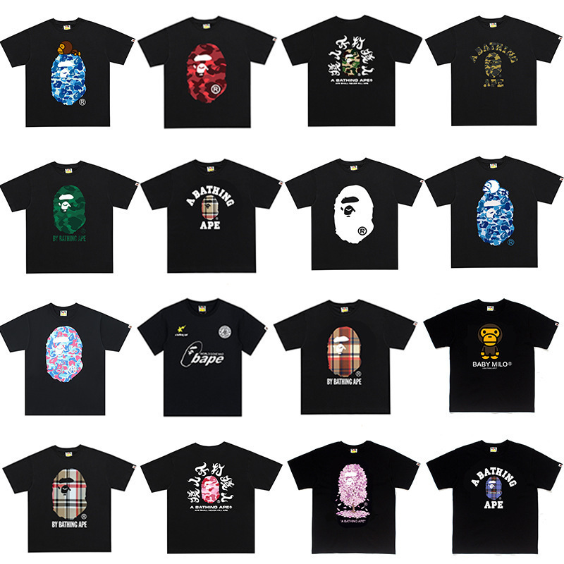 Cross-Border Foreign Trade Wholesale High-Quality Bape Letter Print Ape Head Casual Top Heavyweight 260g Pure Cotton Short-Sleeve Men's T-Shirt