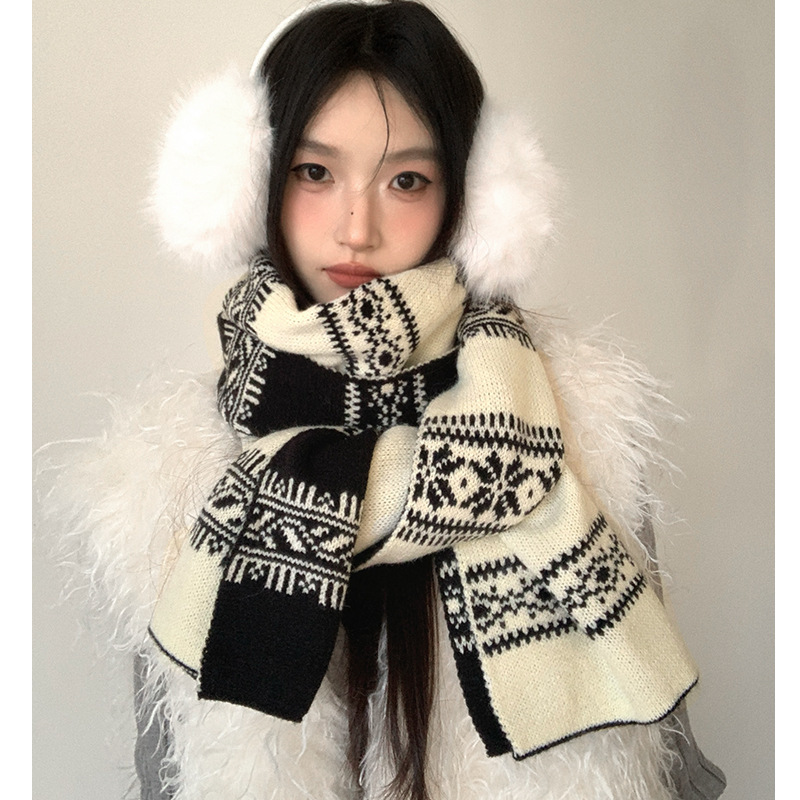 Fair Isle Double-Sided Scarf for Women, Winter Korean Style, New Neck Warmer, Neck Protector, Knitted Shawl for Students and Couples