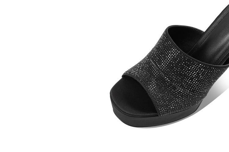 Sandal cao gót nữ quai một dây đính đá, gót nhọn 9 cm, đế platform — đen chi tiết 7