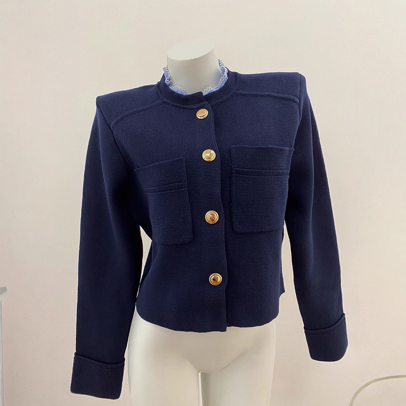 Sd Home 2025 Autumn New Navy Blue Korean Style Commuting Contrast Color Detachable Lace Collar Single Breasted Knitted Cardigan for Women