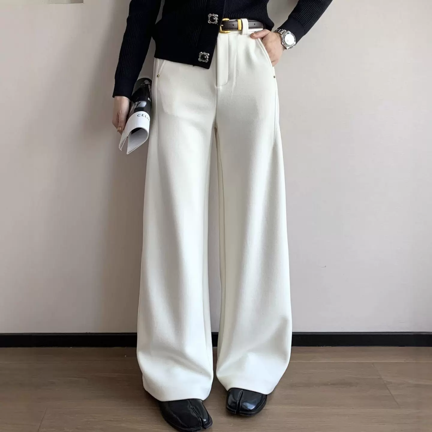 经典显瘦绵羊毛直筒裤2025冬季新款醋酯纤维铆钉款加厚加绒休闲裤