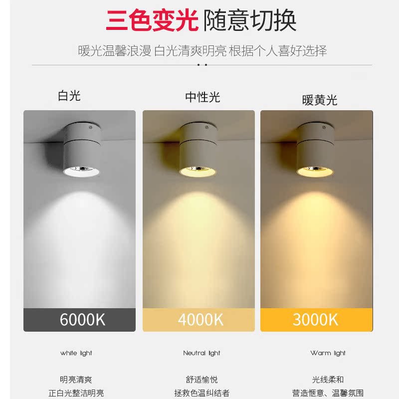 LED 표면 장착 스포트라이트 조절 각도 접이식 비 천공 홈 현관 배경 벽 작은 언덕 COB 천장 다운 라이트