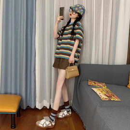 夏季新款休闲运动服套装女条纹时尚学生宽松短袖短裤两件套