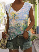 外贸跨境2023欧美新款wish亚马逊女装风景抽象图3D印花T恤V领背心