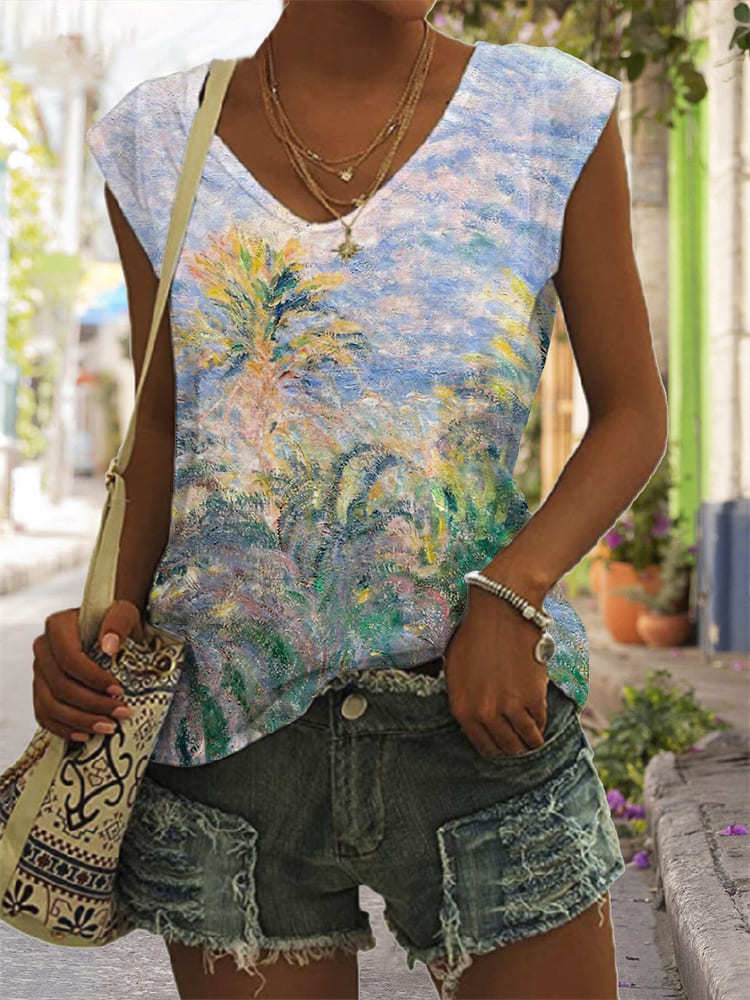 外贸跨境2023欧美新款wish亚马逊女装风景抽象图3D印花T恤V领背心