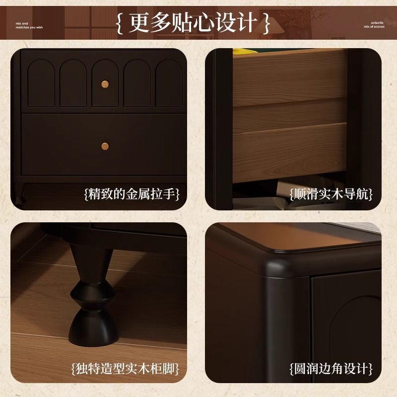 法式复古风床头柜简约中古实木床边柜卧室储物柜家用轻奢感收纳柜|undefined