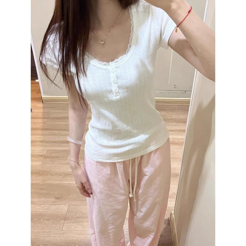 Summer new perforated top for women, BM style lace trim short-sleeve t-shirt, super popular versatile top, trendy for students on Instagram Summer new perforated top for women, BM style lace trim short-sleeve t-shirt, super popular versatile top, trendy for students on Instagram