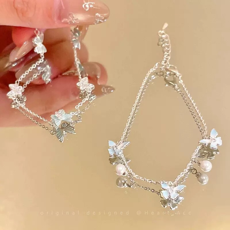 Mint Blue Butterfly Pearl Bracelet for Women, Fashionable and High-End, Sweet and Delicate Jewelry, Fresh and Stylish for Summer