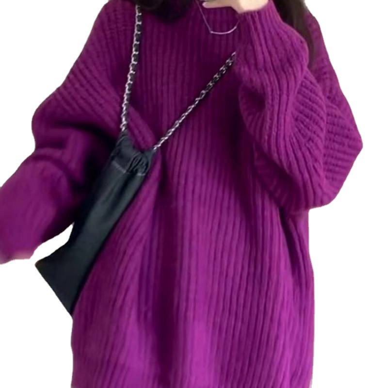 2023 otoño y el invierno nuevo púrpura cuello redondo suéter femenino flojo viento perezoso suave cera sudadera superior desgaste exterior
