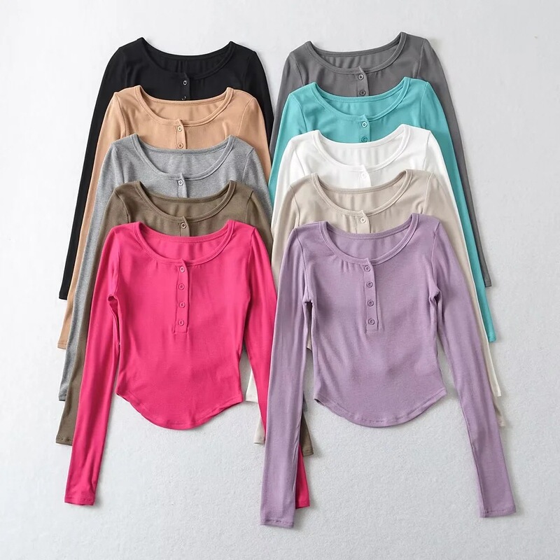 Spice Girls Half-open Buckle Round Neck Curved Side Long-sleeved T-shirt Base Shirt Women's Solid Color Elastic Slim-fit Slimming Inner Top Spice Girls Half-open Buckle Round Neck Curved Side Long-sleeved T-shirt Base Shirt Women's Solid Color Elastic Slim-fit Slimming Inner Top