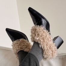 粗跟高跟尖头潮流时尚百搭毛毛鞋女2025年新款冬季黑色加绒小皮鞋