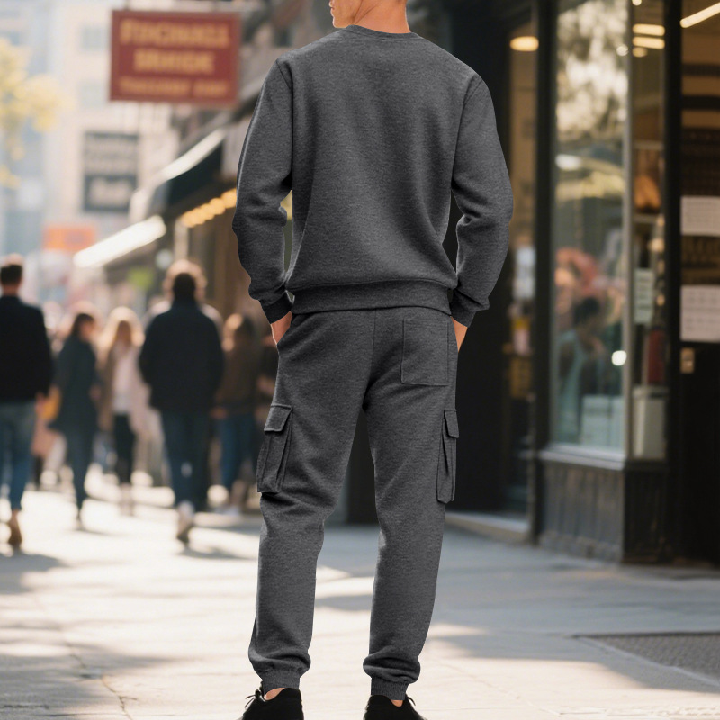 Europe, America, Autumn And Winter Heavy Velvet Men's Loose Casual Sports Tooling Round Neck Solid Color Sweater Trousers Set_viptrois.com