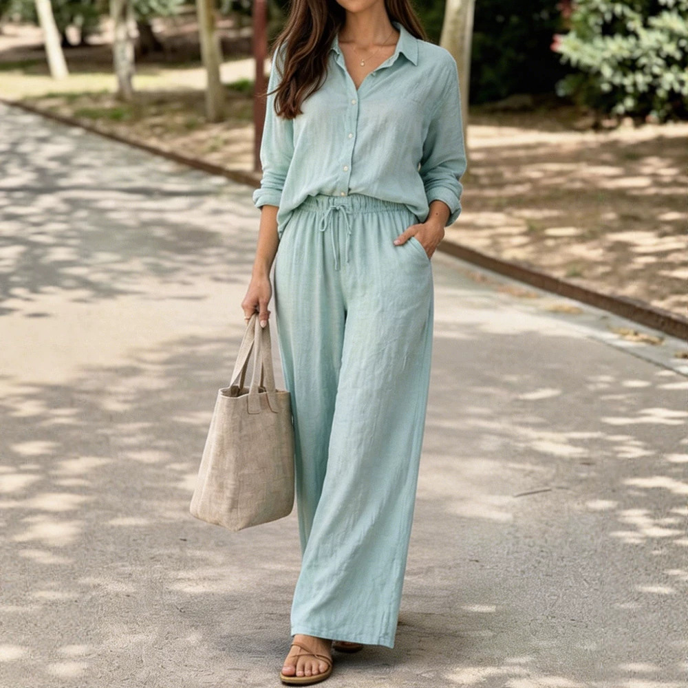Women's Casual Lapel Pullover Long Sleeve Cotton Multi Color Set Washed Look Pants New_voghion.com