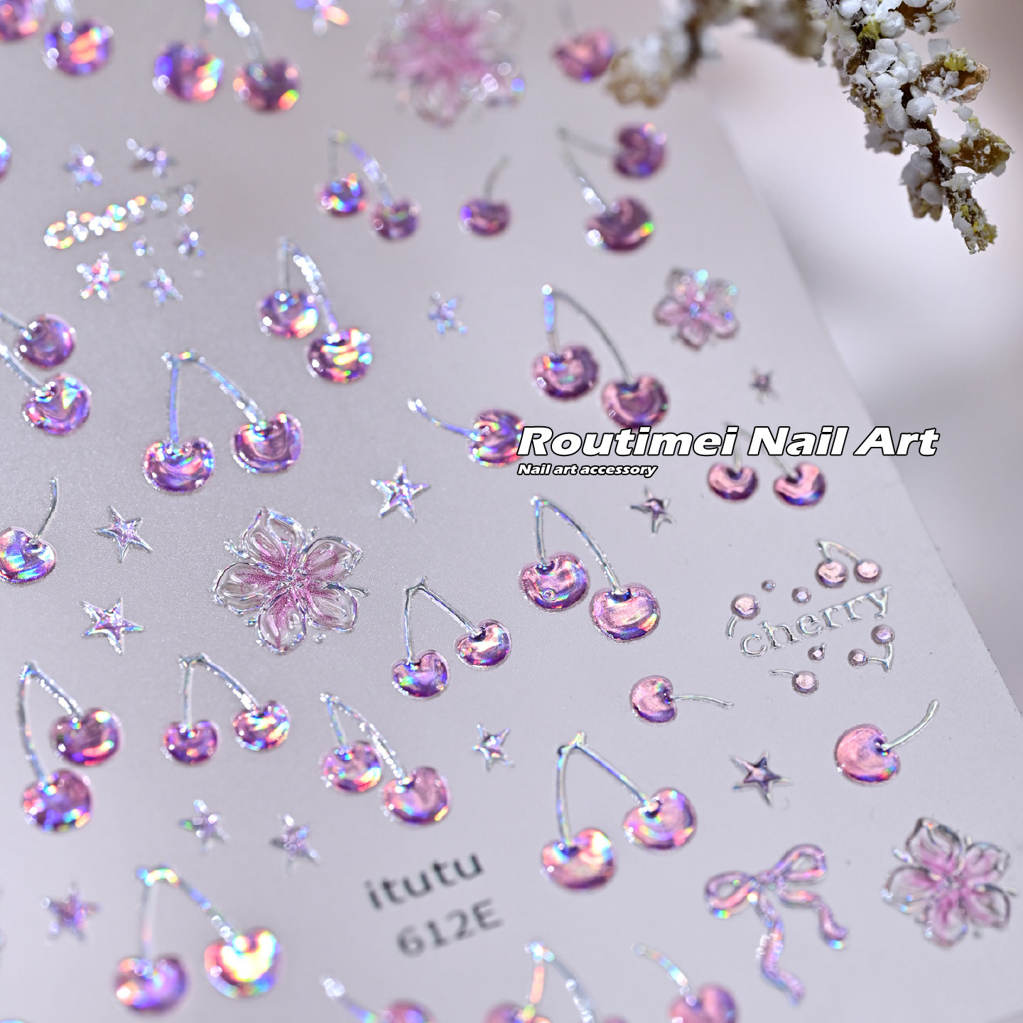 Summer Cherry Dream Fresh Little Flower New Laser Pink 3D Nail Art Stickers Fingertip Fruit DIY Decoration Stickers