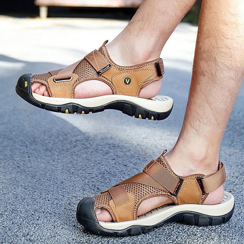 2025 New Style Closed-Toe Sandals for Men, Breathable Mesh Sports Outdoor Beach Shoes, Non-Slip Hollow Cowhide Men's Shoes, Trendy