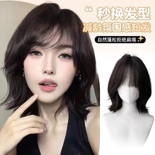 Wig Women's Short Hair Natural Age-reducing Hair Tail-out Curly Hair Air Bangs Short Curly Hair Imitation Full Human Hair Full Head Cover