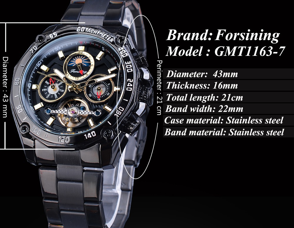 Men's Mechanical Watch Automatic Tourbillon Moon Phase Steel Band_voghion.com