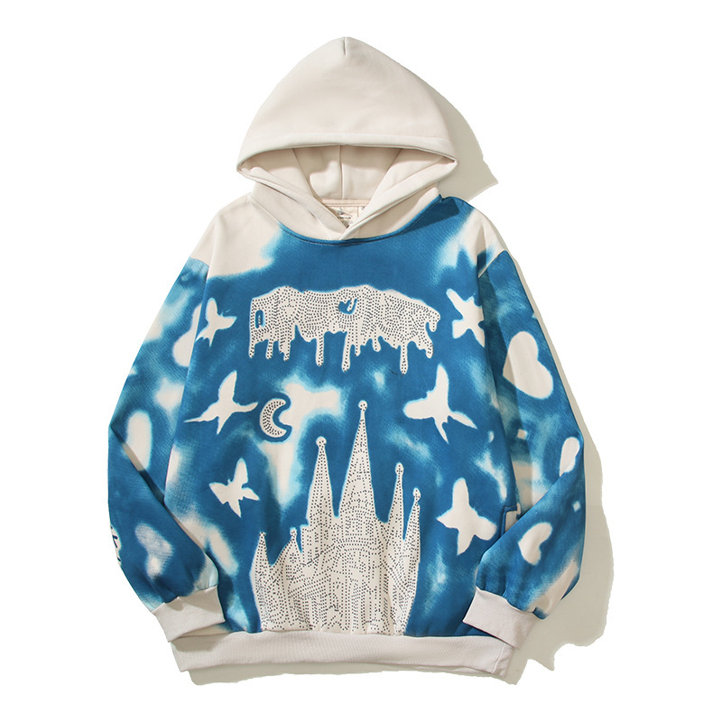 Saf pamuklu ceket çamur boyalı Sky City baskısı Amerikan ana cadde kapüşonlu_voghion.com