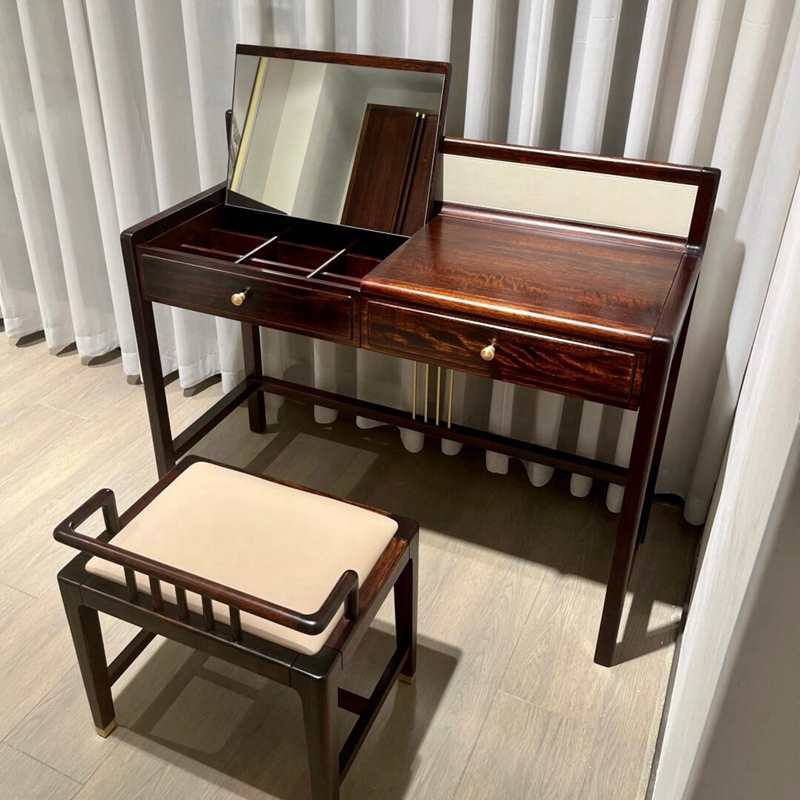 New Chinese Style Ebony Solid Wood Dressing Table and Stool Combination Zen Dressing Table Villa Size Bedroom Furniture