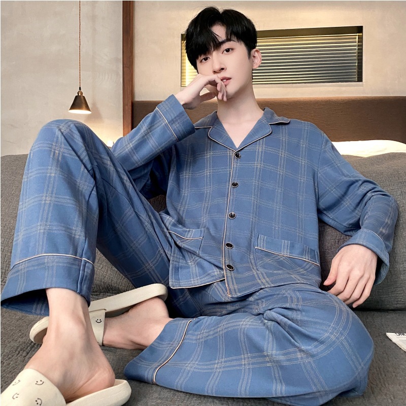 Pijamas de los hombres de primavera y otoño 100% algodón pantalones de manga larga delgada más tamaño de los hombres de alto grado traje de desgaste para el hogar