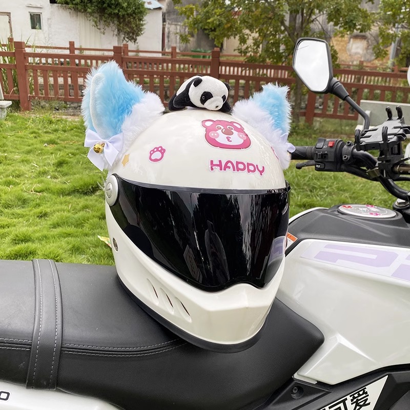 Plush blue thick fleece cat ear helmet decoration motorcycle electric car helmet