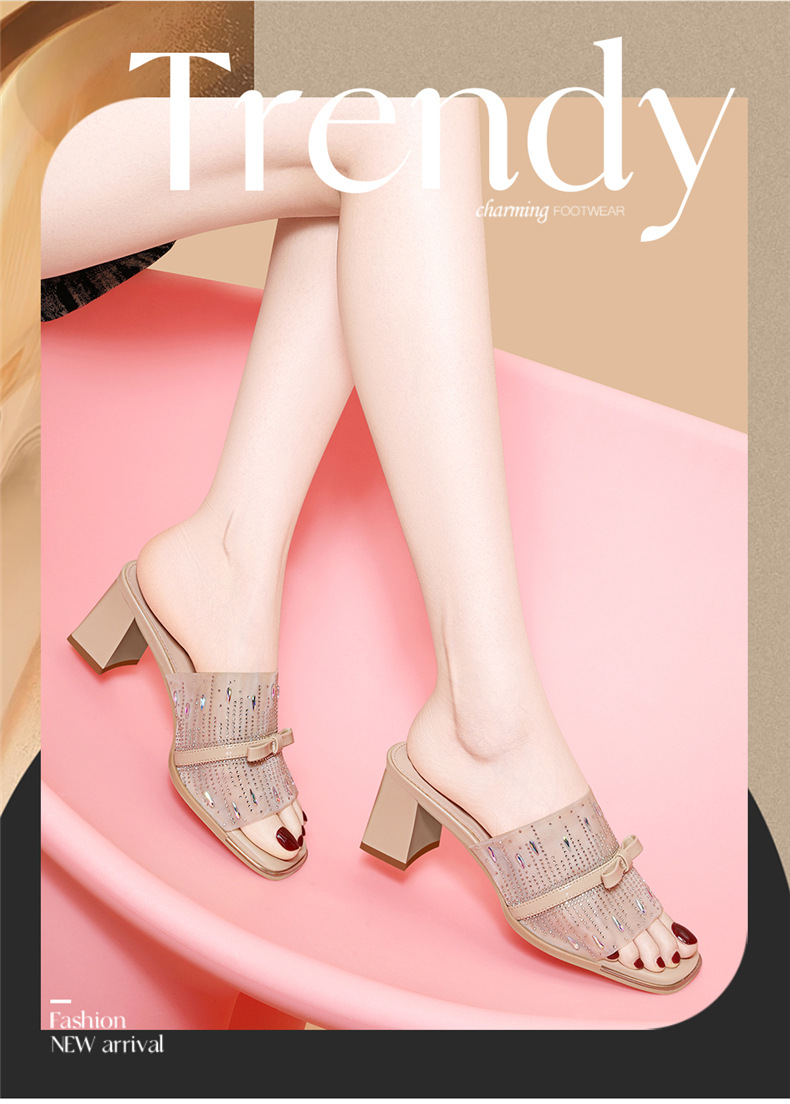 Sandal cao gót nữ hở mũi phong cách Pháp đính sequin lấp lánh gót vuông 6 cm — 7215 Màu đen, 7215 màu mơ chi tiết 2